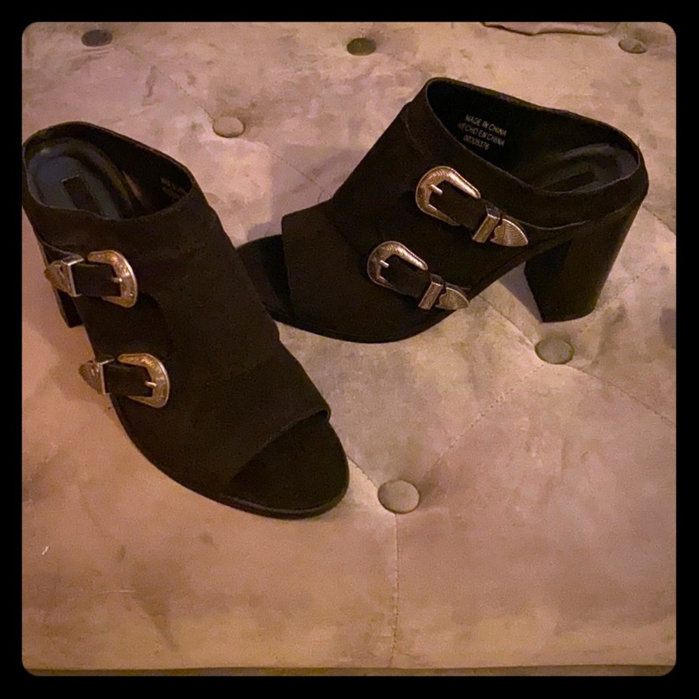 Black mules, buckle slide on shoes